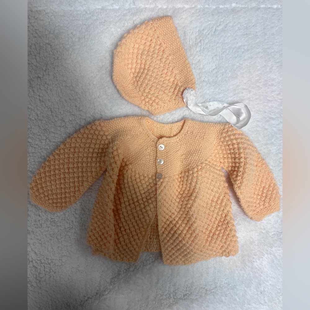 Handknit Peach Baby Cardigan with Bonnet